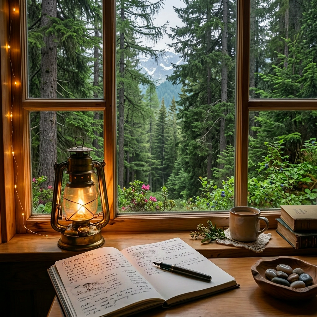 Open notebook with handwritten notes and drawings, lit lantern, cup of coffee, and book on wooden windowsill overlooking green forest